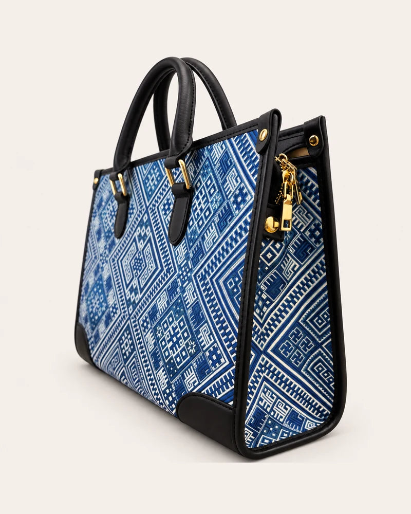 Blue Everlasting Union Motif Zhuang brocade tote bag, angled view