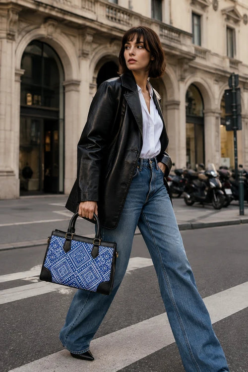 Woman carrying a blue Everlasting Union Motif Zhuang brocade tote bag in the city
