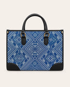 Blue Everlasting Union Motif Zhuang brocade tote bag, front view