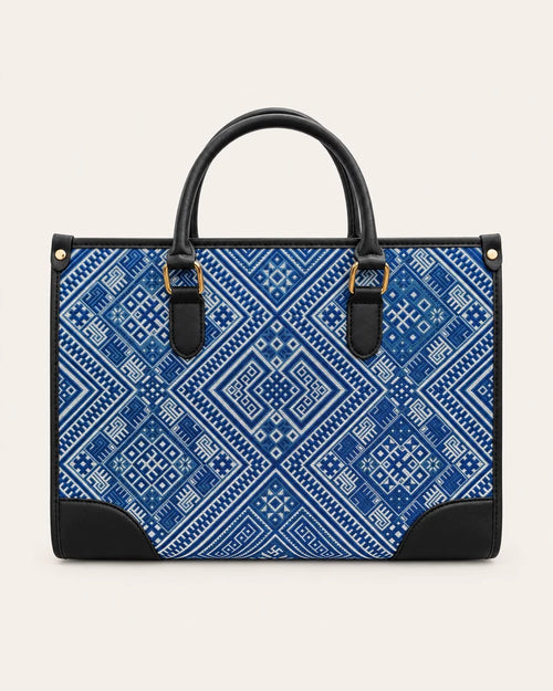 Blue Everlasting Union Motif Zhuang brocade tote bag, front view