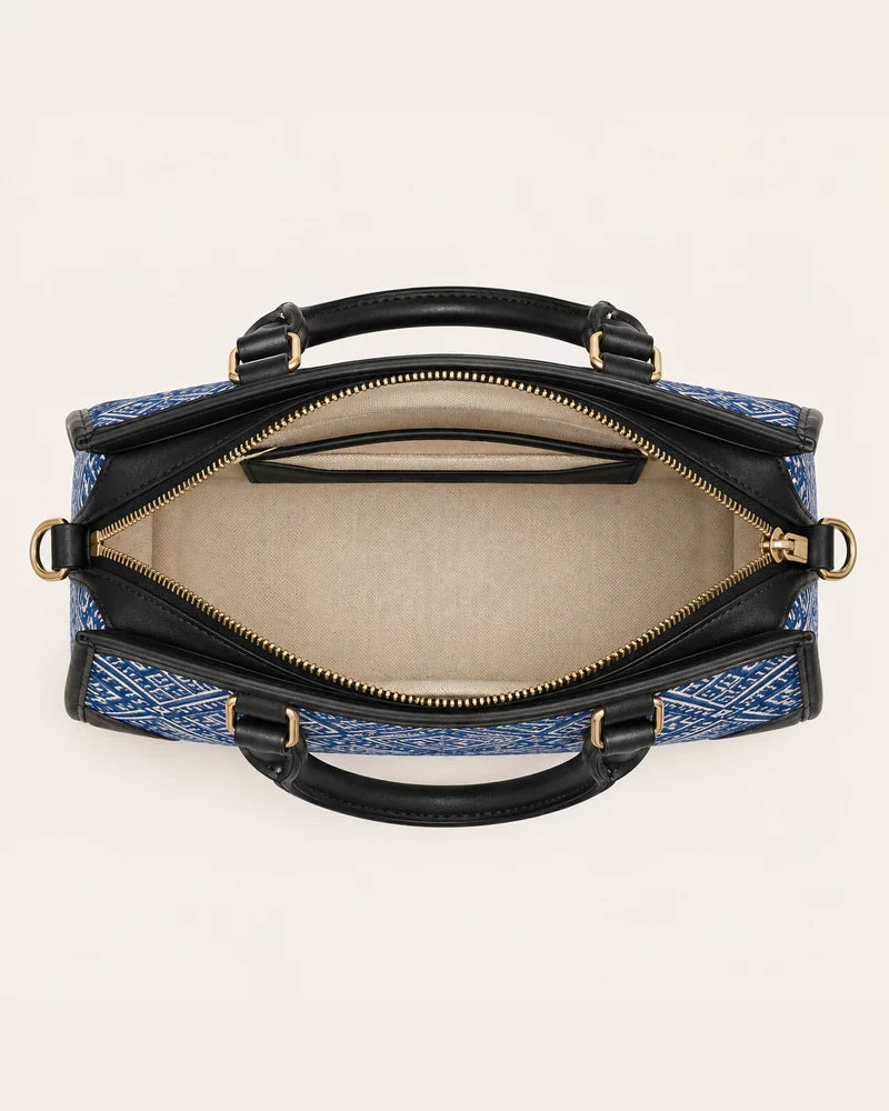 Open lined interior of the Everlasting Union Motif Zhuang brocade tote bag