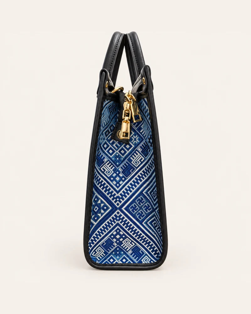 Everlasting Union Motif structured tote bag with black vegan leather, side view