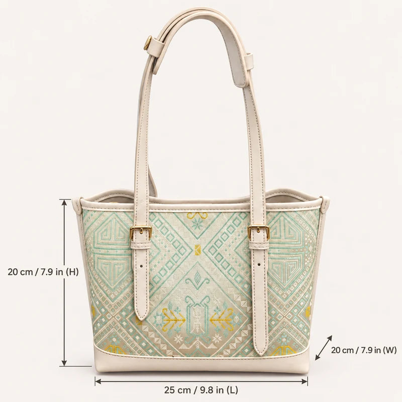 Longevity Motif Zhuang brocade tote bag dimensions: 25 by 20 by 20 centimeters