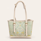 Mint green Longevity Motif Zhuang brocade tote bag, front view