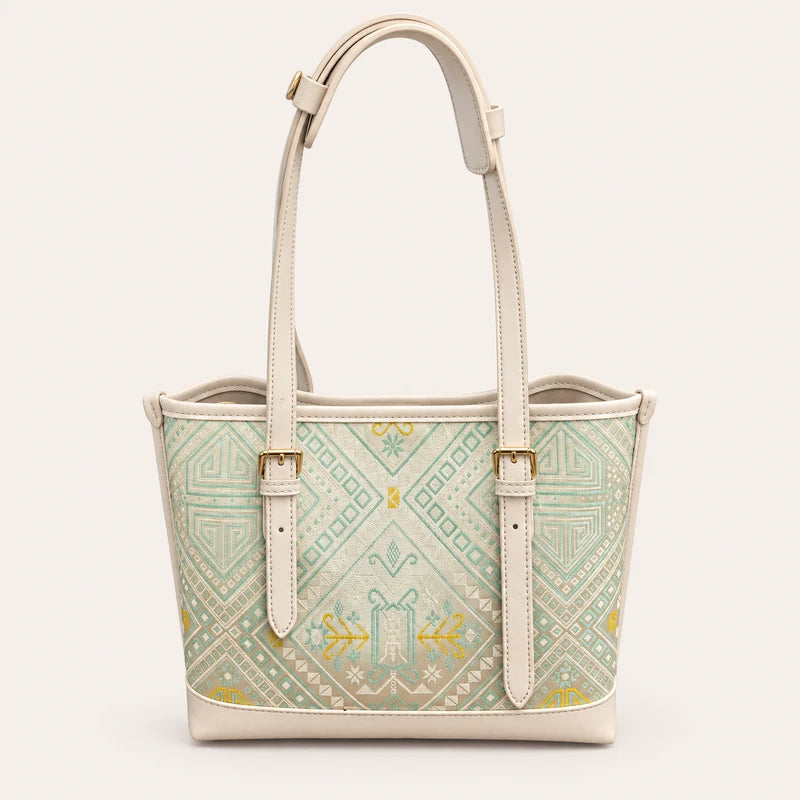 Mint green Longevity Motif Zhuang brocade tote bag, front view