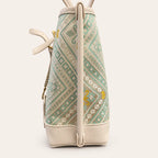 Longevity Motif Zhuang brocade tote bag with vegan leather trim, right side view