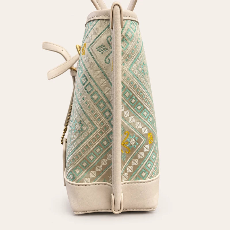 Longevity Motif Zhuang brocade tote bag with vegan leather trim, right side view