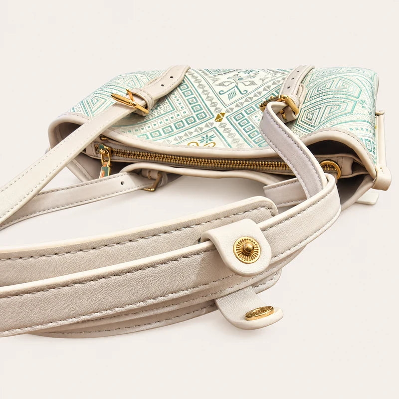 Longevity Motif tote bag strap stitching and magnetic snap detail