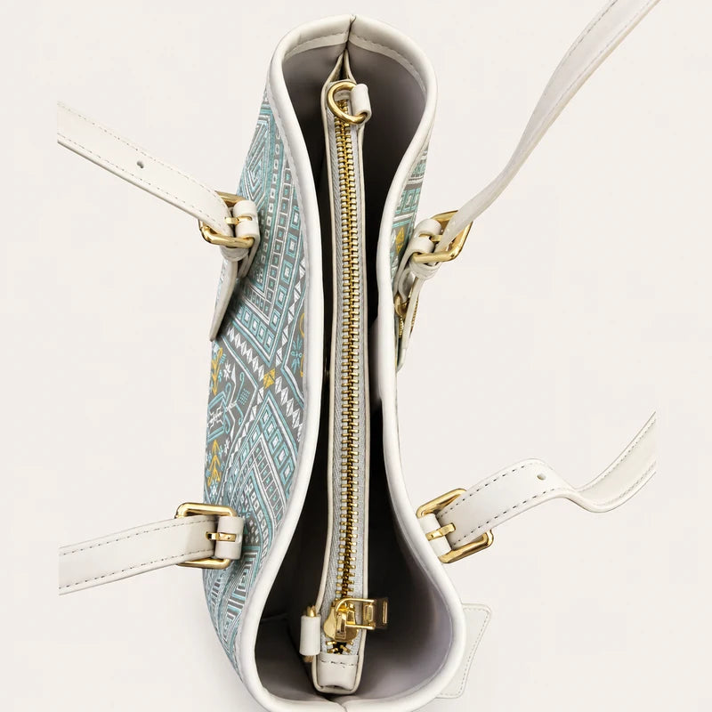Longevity Motif Zhuang brocade tote bag, open top zipper view