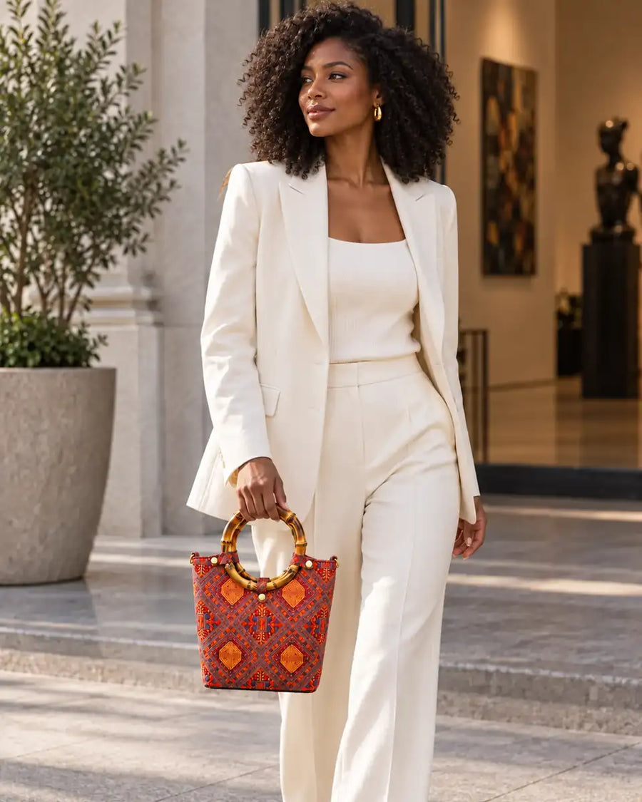 Black woman carrying the Longevity Symbol jacquard bamboo-handle handbag