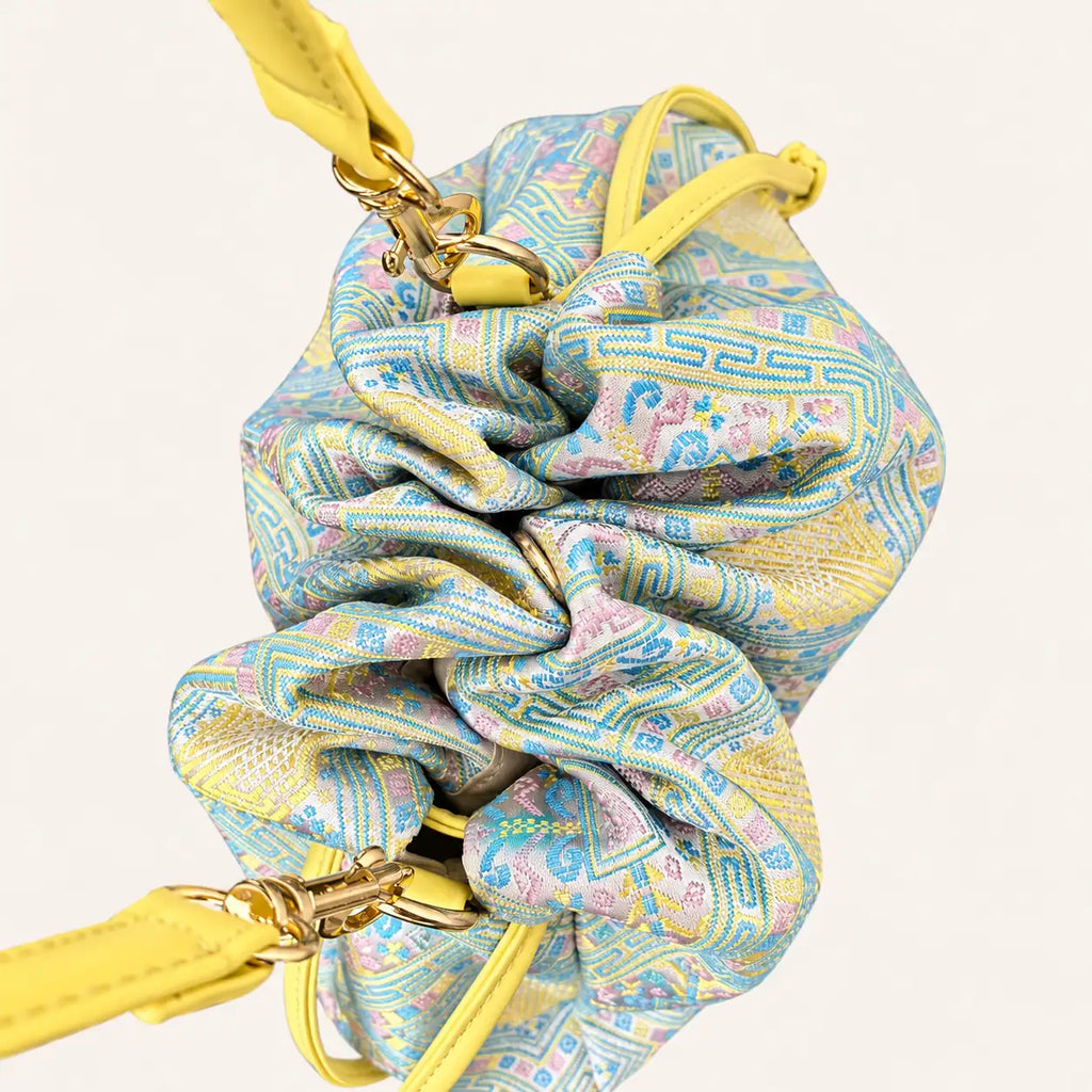 Longevity pattern Zhuang brocade crossbody bag detail