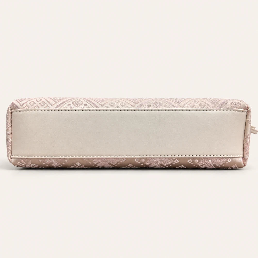 Pink vegan leather trim and gold-tone hardware on Zhuang brocade crossbody bag