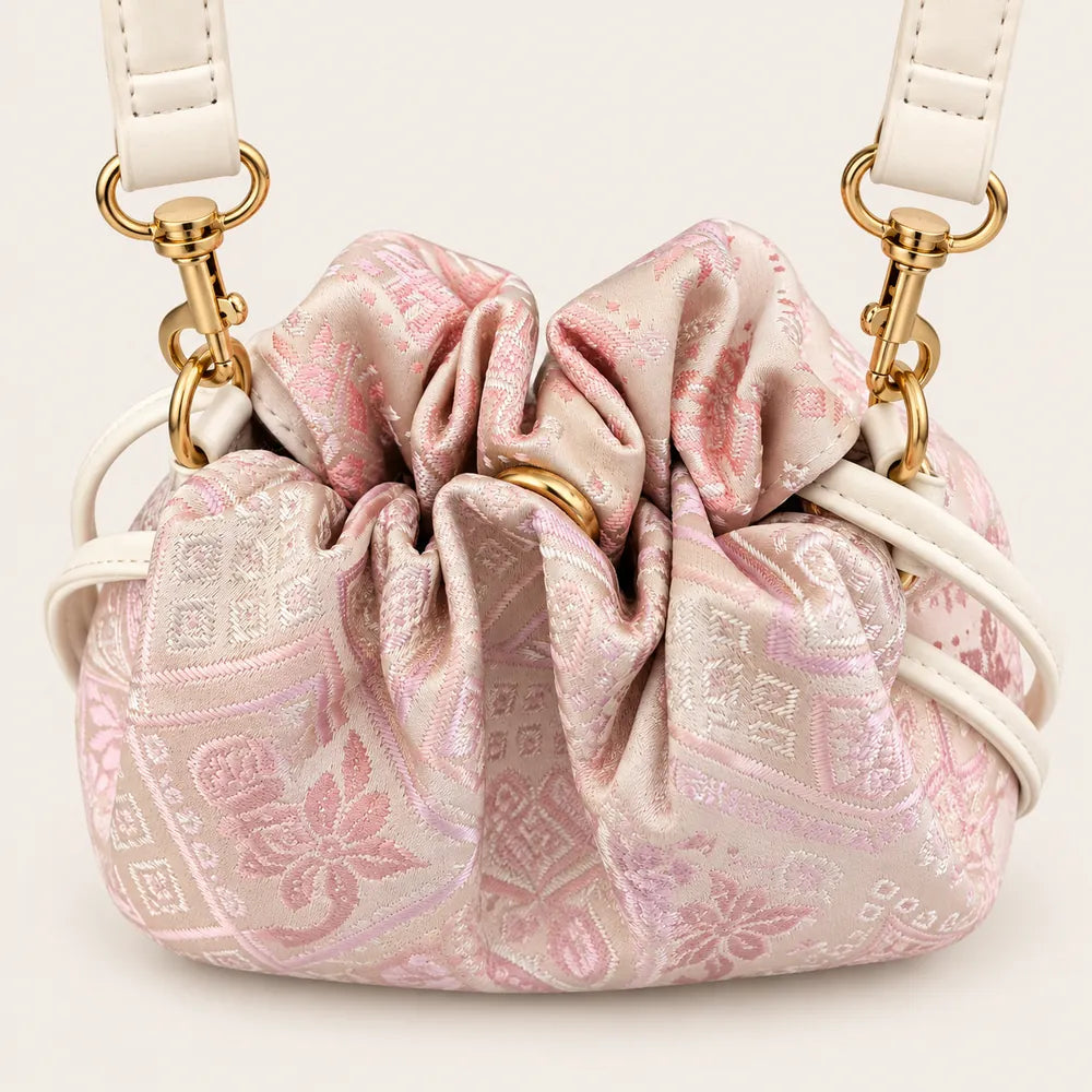 Swallow-Blessed Farmland Motif crossbody bag with pink vegan leather trim, product view