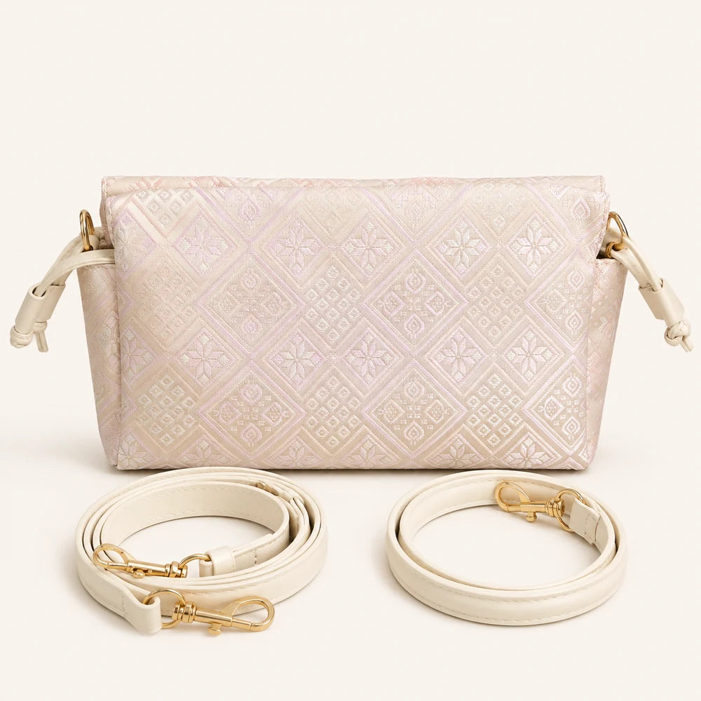 Swallow-Blessed Farmland Motif Zhuang brocade crossbody bag, side view