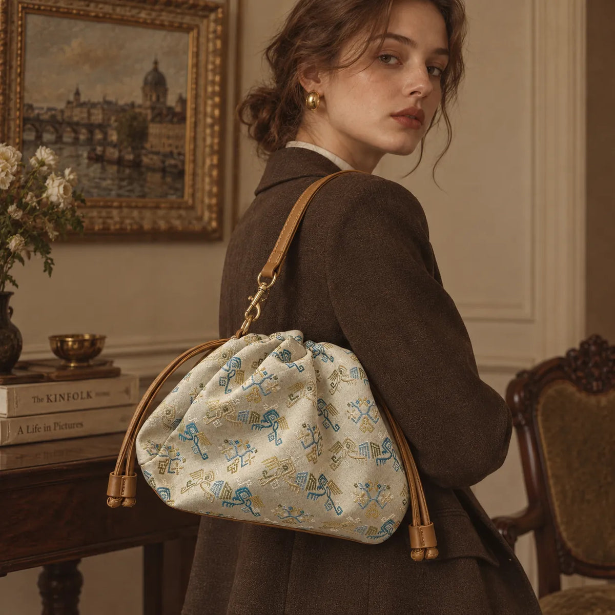 Twin Phoenix Zhuang brocade woven bag side view