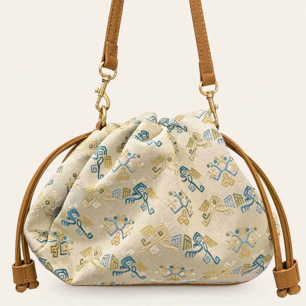Twin Phoenixes Facing a Flower woven heritage bag front view
