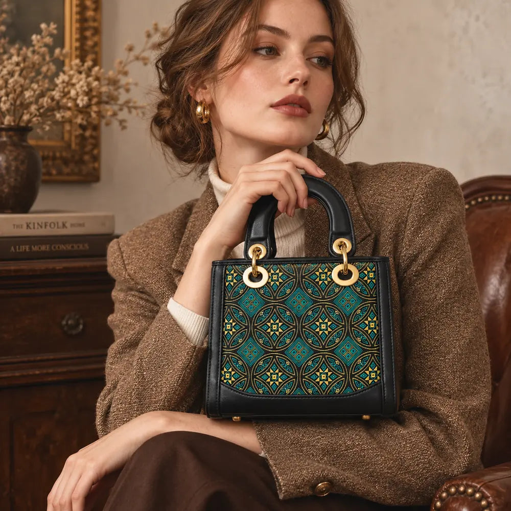 Wealth-Bringing Swallow Motif Zhuang brocade top-handle handbag, lifestyle view