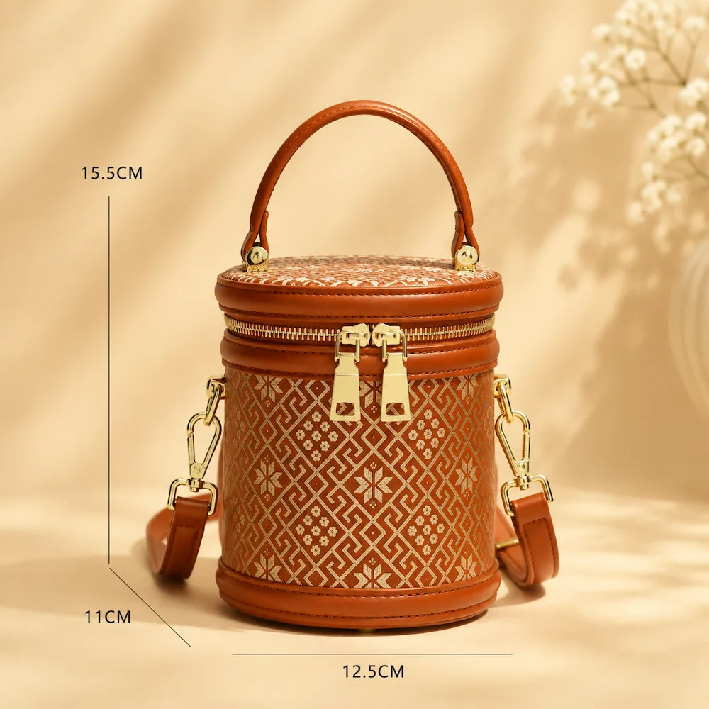 Chinese Brocade Bucket Bag – Auspicious Octagonal Pattern — symbolic motif detail