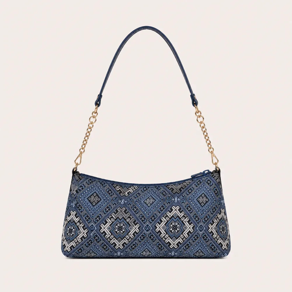 Zimloom Blossom & Swallow Pattern Patchwork Denim Baguette Bag