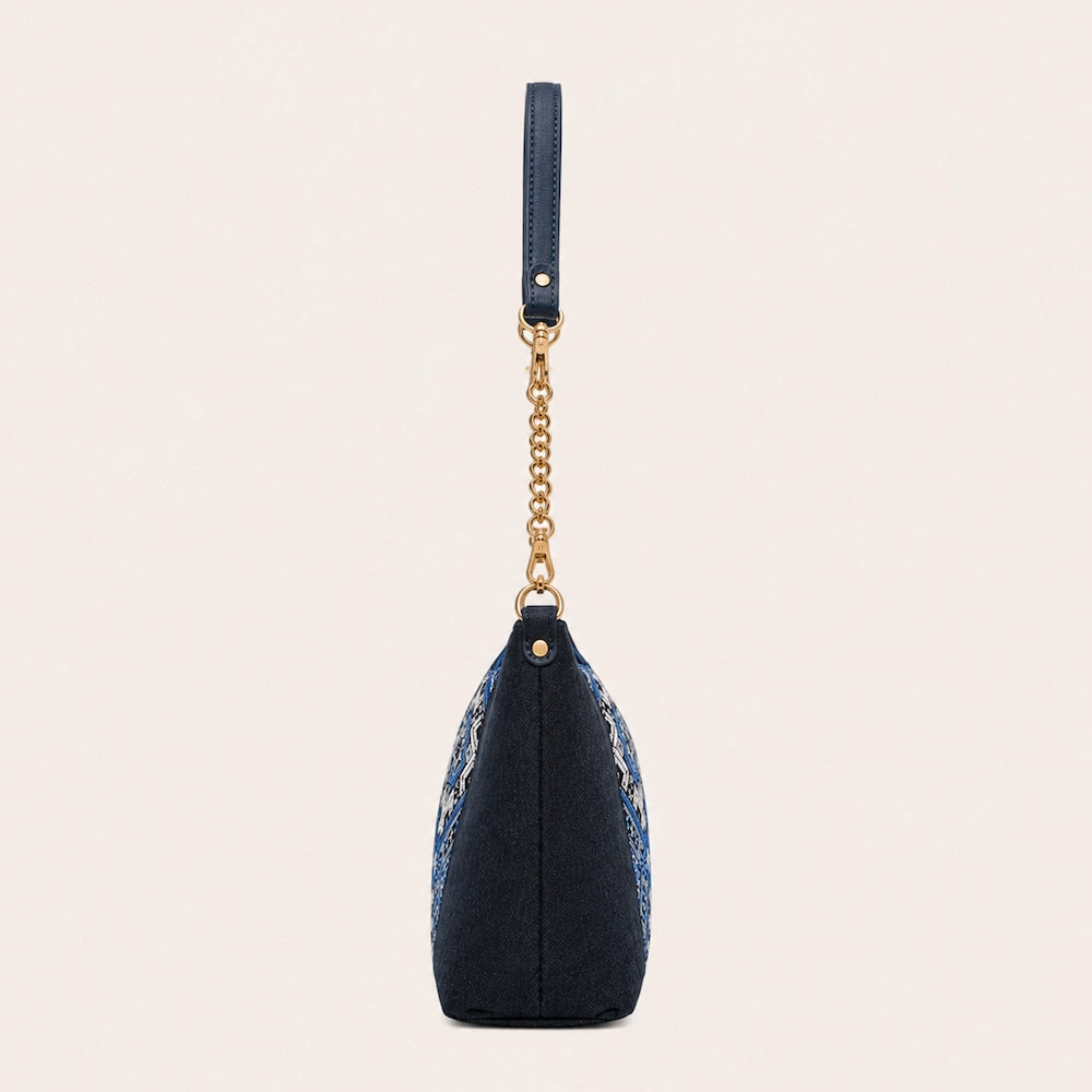 Zimloom Blossom & Swallow Pattern Patchwork Denim Baguette Bag