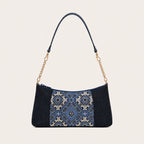Zimloom Blossom & Swallow Pattern Patchwork Denim Baguette Bag