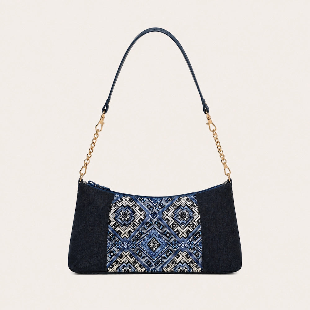 Zimloom Blossom & Swallow Pattern Patchwork Denim Baguette Bag