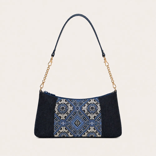 Brocade Patchwork Denim Baguette Bag – Blossom Swallow Motif — full product view