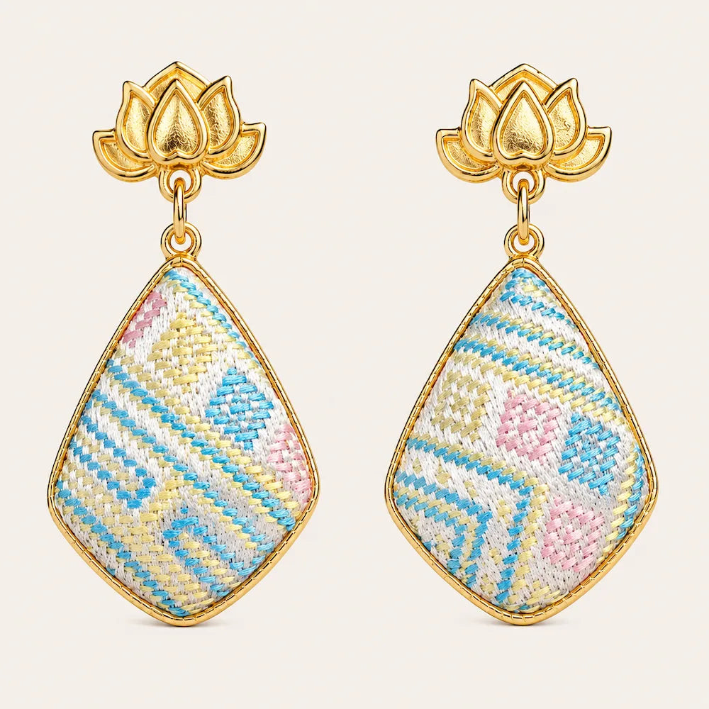 Zimloom Zhuang Brocade Earrings- Lotus Flower Top