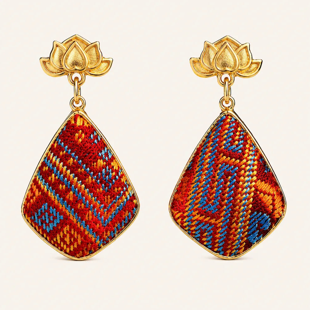 Zimloom Zhuang Brocade Earrings- Lotus Flower Top