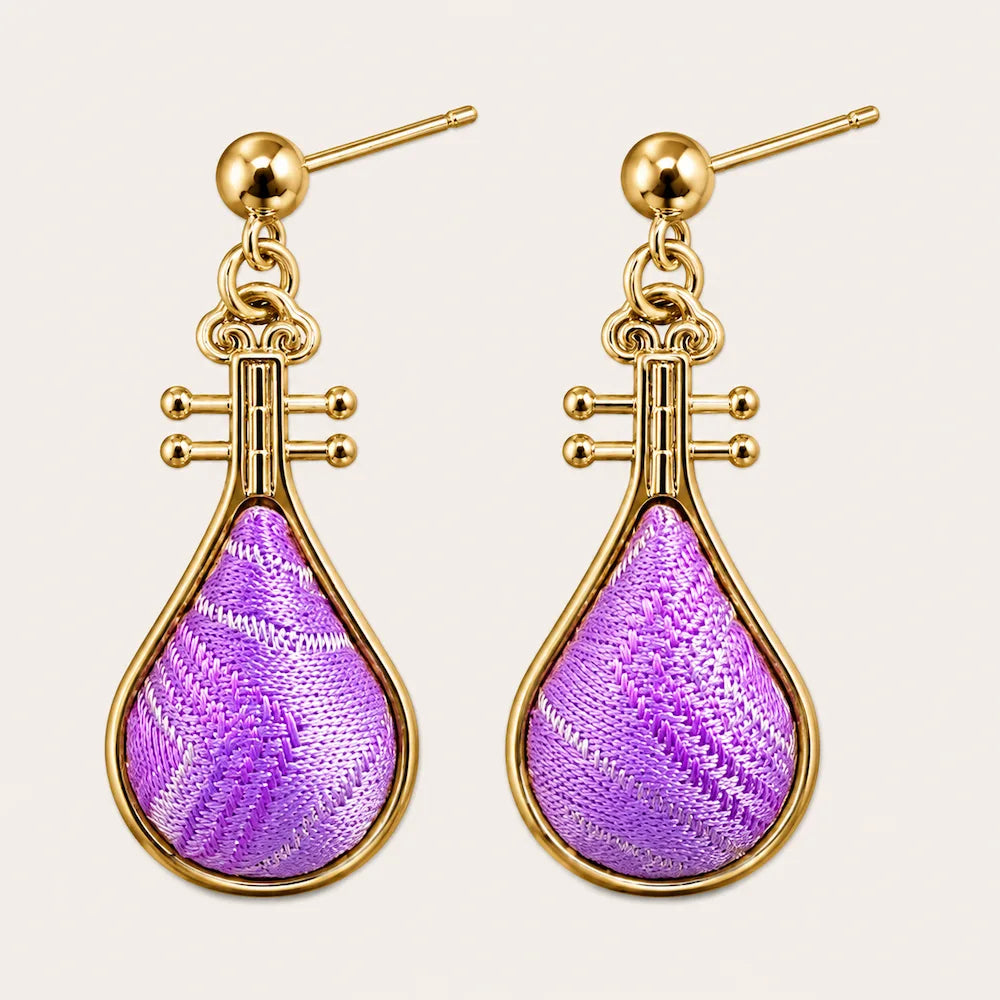 Zimloom Zhuang Brocade Earrings-Pipa Shape
