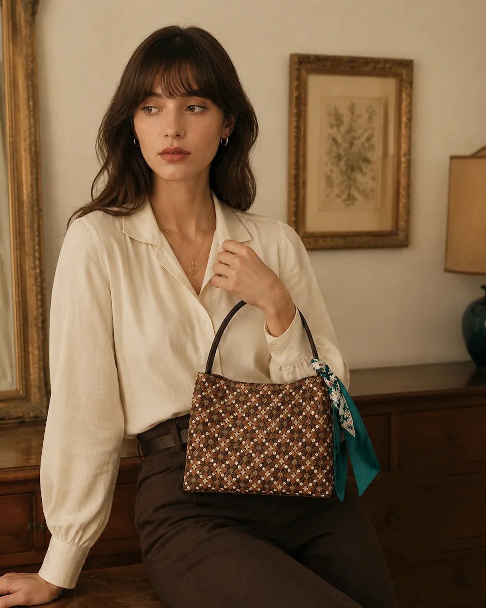 Jacquard Crossbody Bag – Brown Osmanthus Flower Motif — woven pattern detail