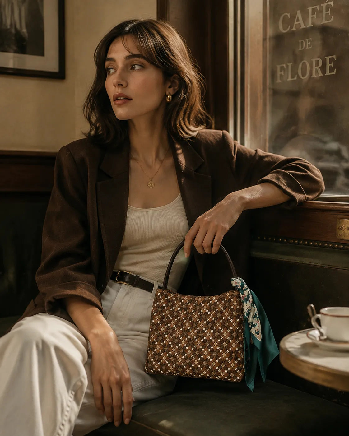 Jacquard Crossbody Bag – Brown Osmanthus Flower Motif — alternate product view