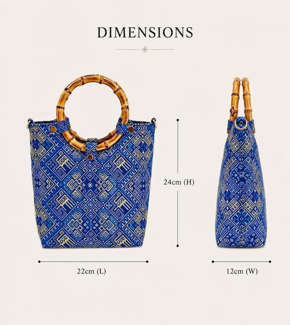 Jacquard Tote Bag – Phoenix Butterfly Zhuang Brocade Motif — dimensions in centimetres and inches