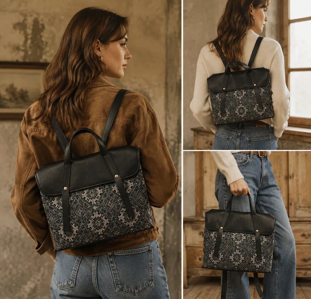 Chinese Brocade Backpack – Blossom & Swallow — woven pattern detail
