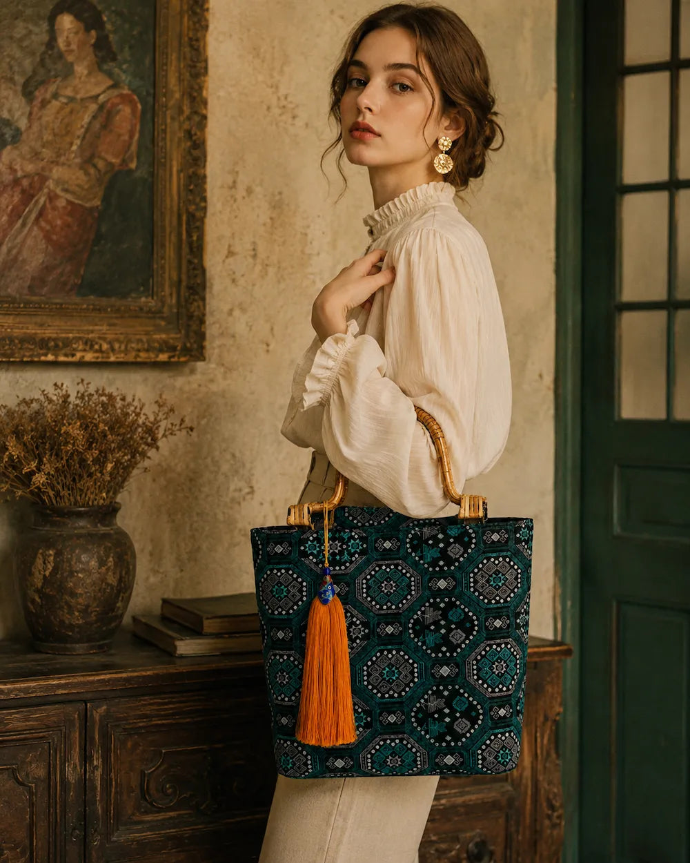 Chinese Brocade Handbag – Dragon Pattern — styled carrying view