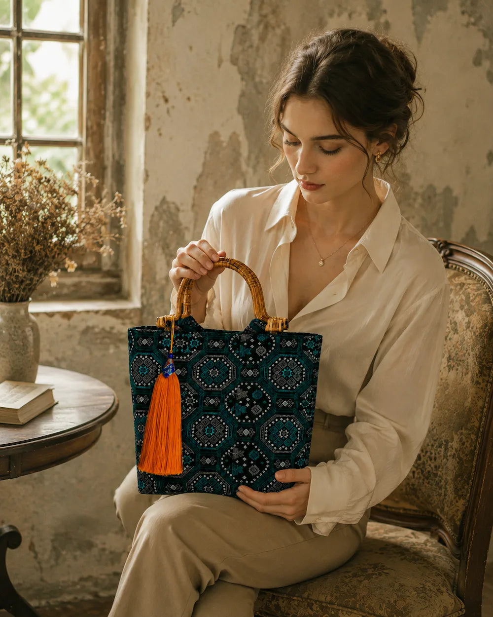 Chinese Brocade Handbag – Dragon Pattern — styled carrying view