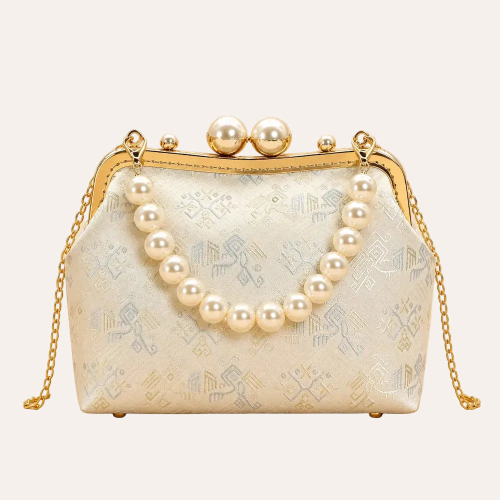 Zimloom “Twin Phoenixes Facing a Flower” Pattern Pearl Chain Bag