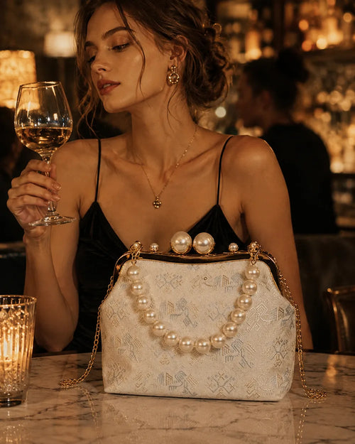 Brocade Pearl Chain Bag – Twin Phoenix Pattern — woven motif and craftsmanship detail