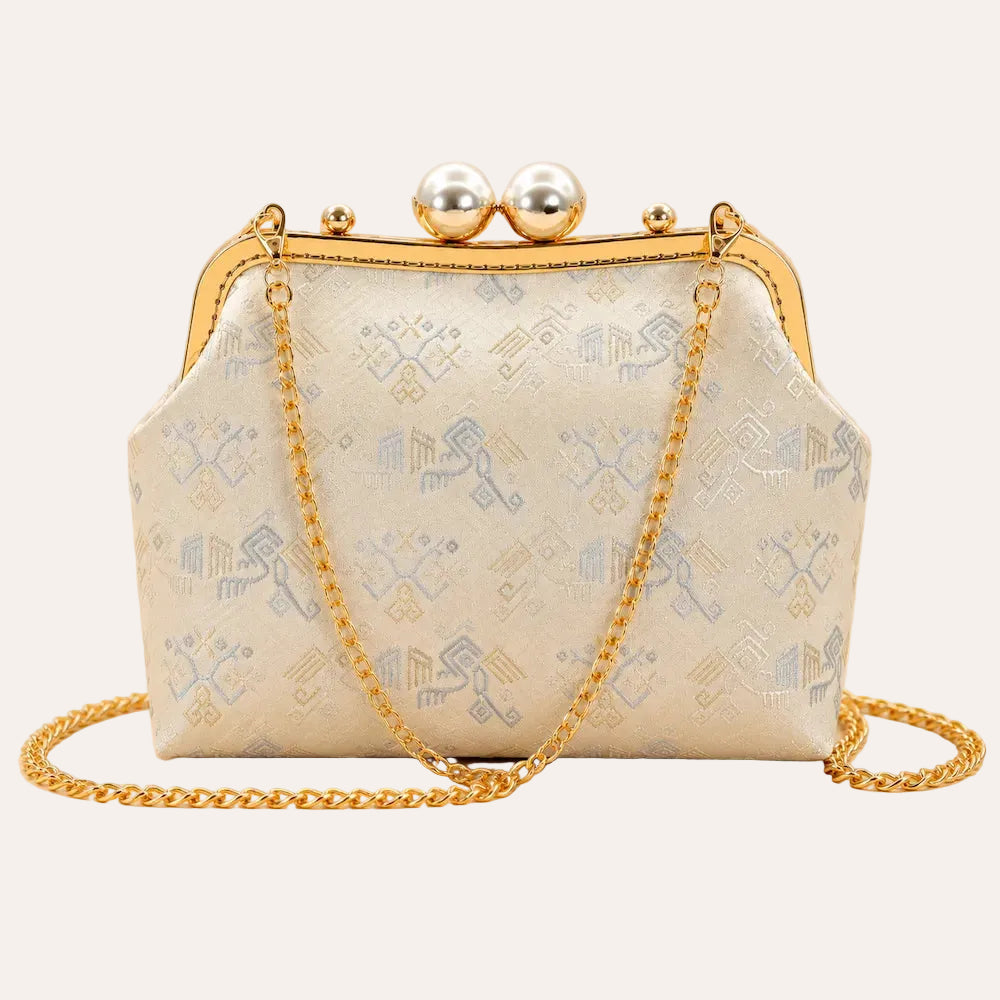 Zimloom “Twin Phoenixes Facing a Flower” Pattern Pearl Chain Bag