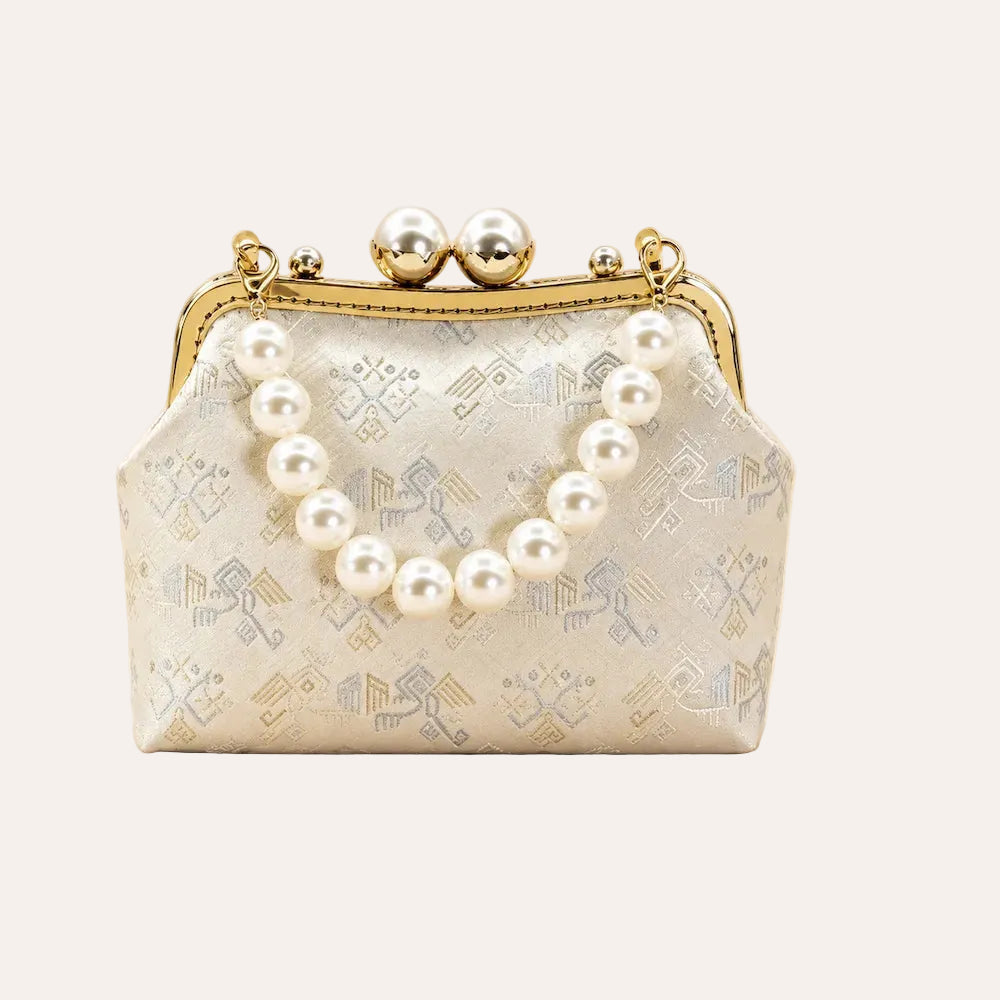 Zimloom “Twin Phoenixes Facing a Flower” Pattern Pearl Chain Bag