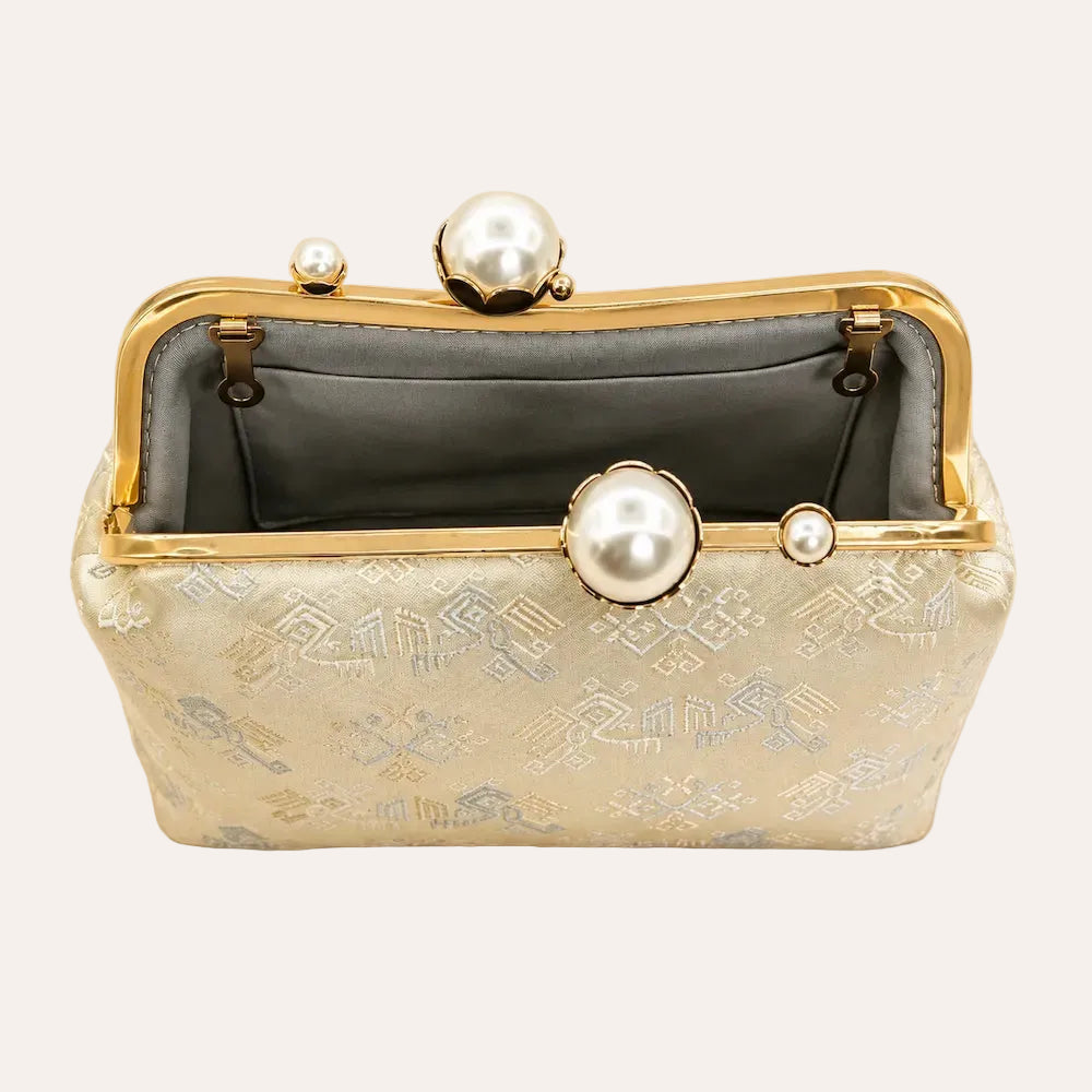 Zimloom “Twin Phoenixes Facing a Flower” Pattern Pearl Chain Bag