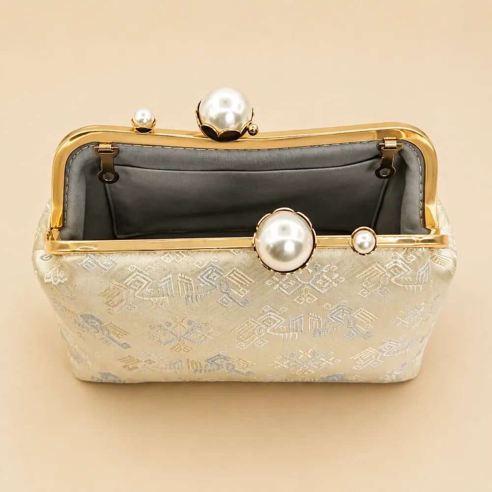 Brocade Pearl Chain Bag – Twin Phoenix Pattern — artisan textile detail