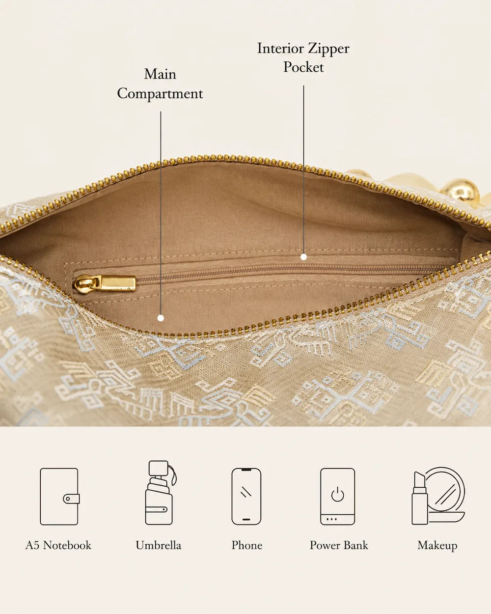 Chinese Brocade Underarm Bag – Twin Phoenix Pattern White — additional product view
