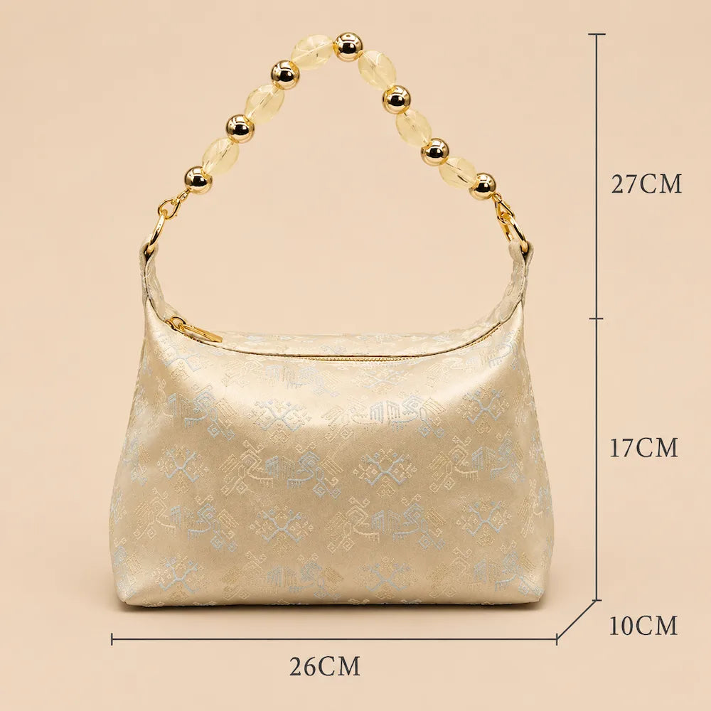 Chinese Brocade Underarm Bag – Twin Phoenix Pattern White — styling and carrying view
