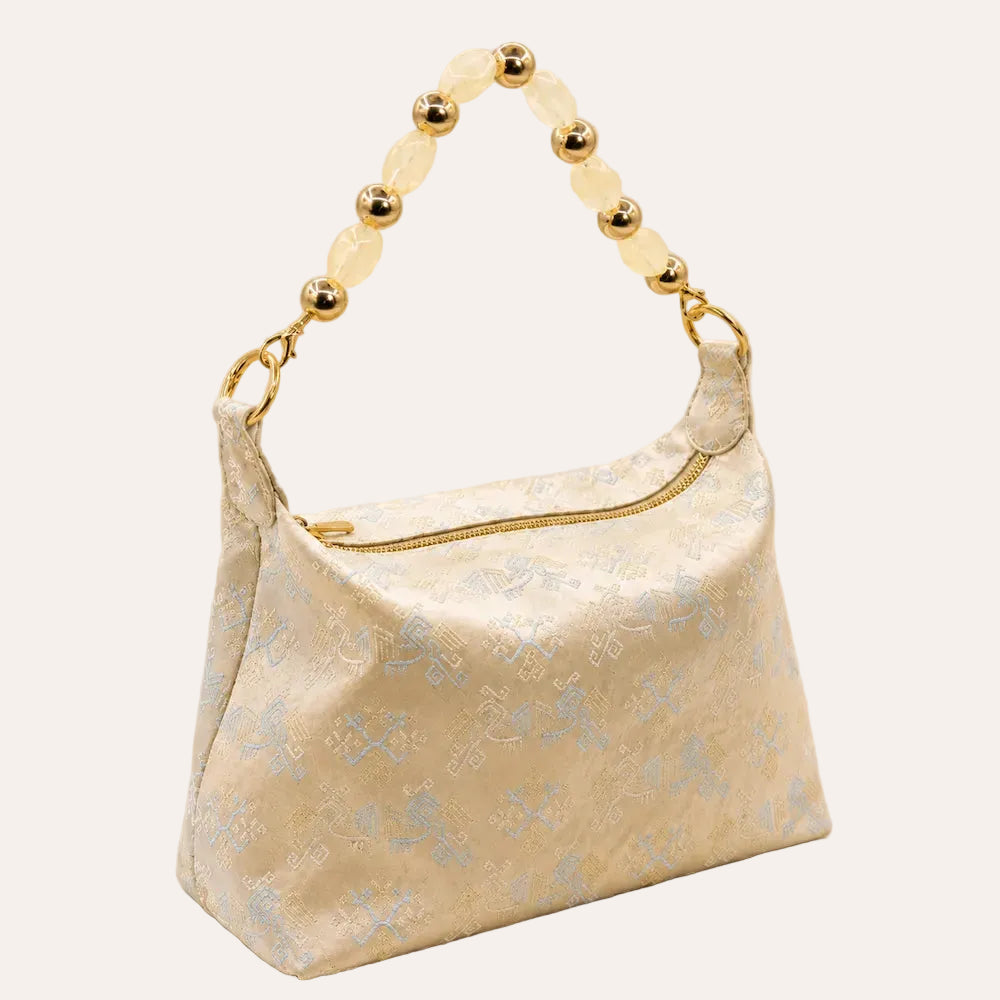 Zimloom “Twin Phoenixes Facing a Flower” Pattern Underarm Bag (White)