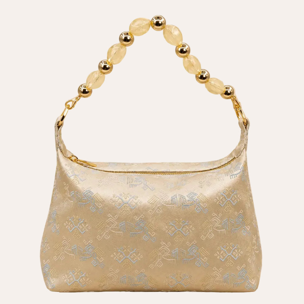 Zimloom “Twin Phoenixes Facing a Flower” Pattern Underarm Bag (White)