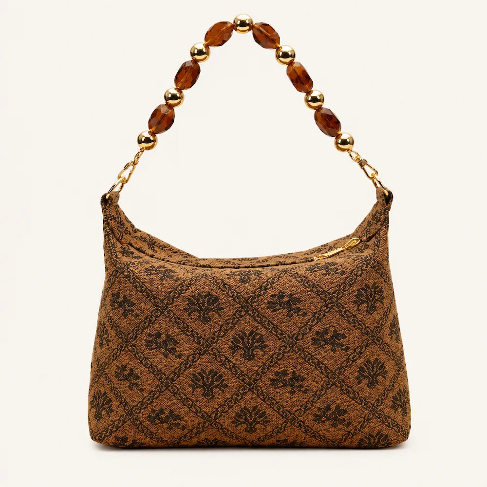 Chinese Brocade Underarm Bag – Twin Phoenix Pattern Brown — full product view