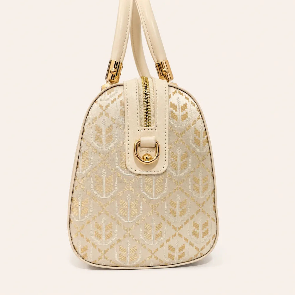 Chinese Brocade Boston Bag – Wheat Ear Motif — styling and carrying view