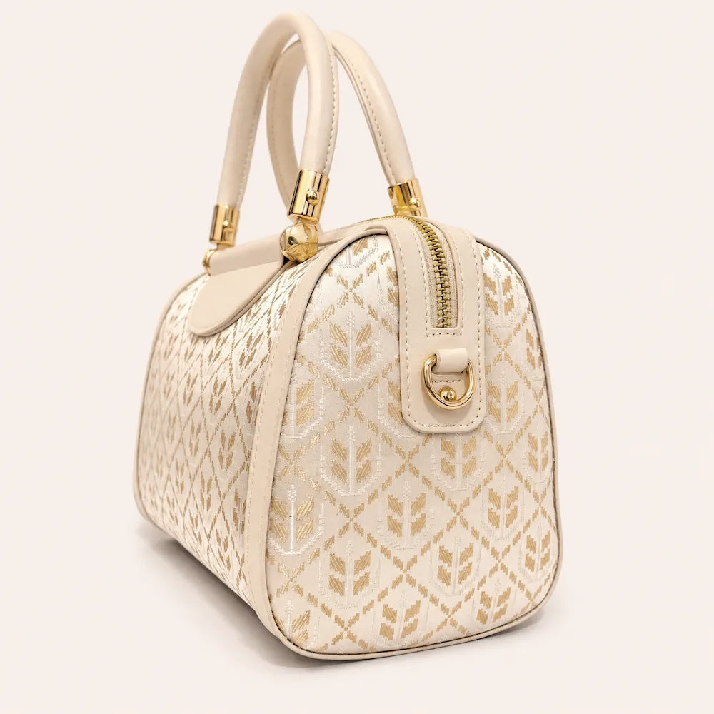 Chinese Brocade Boston Bag – Wheat Ear Motif — artisan textile detail