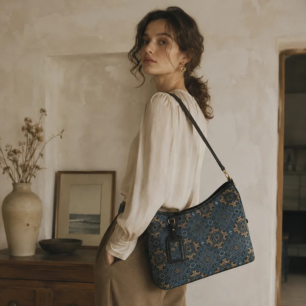Chinese Brocade Tote Bag – Blossom & Swallow with Detachable Pouch — alternate product view